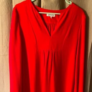 RED Long-Sleeved Silk Midi dress. Size: Medium WORN TWICE. LIKE NEW.